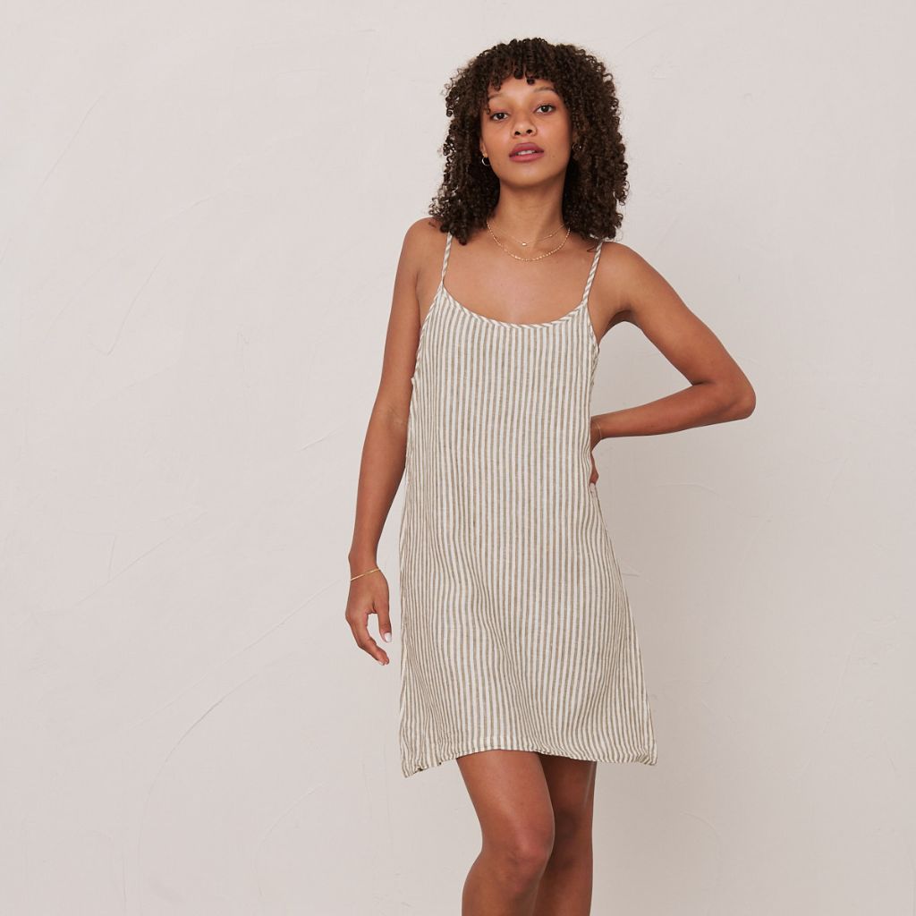 Olive Striped Linen Slip Dress