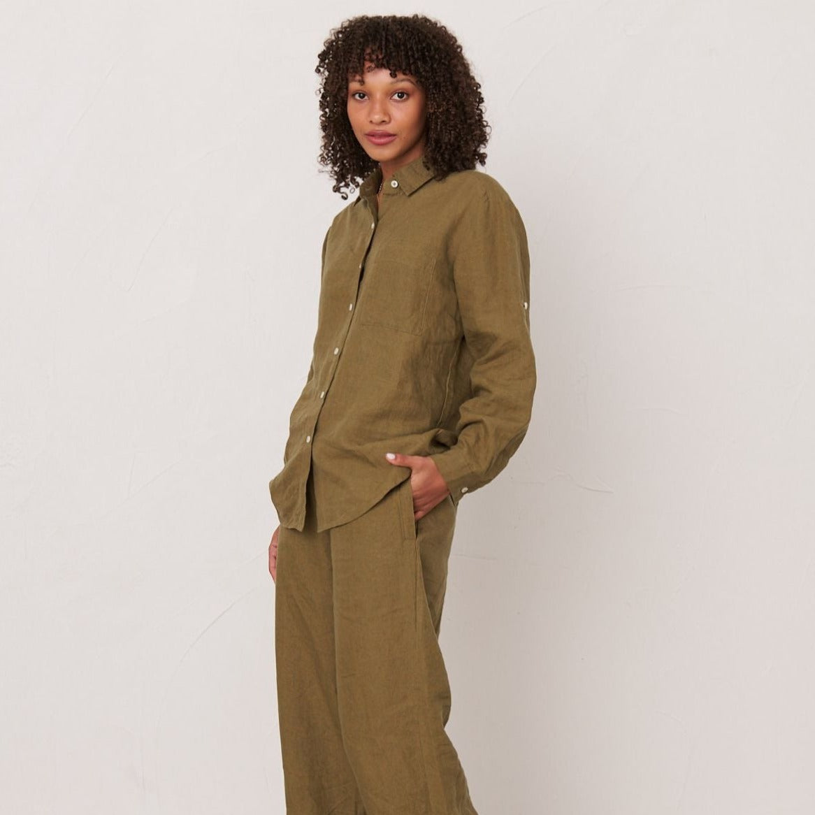 Olive Long Linen Pyjama Set