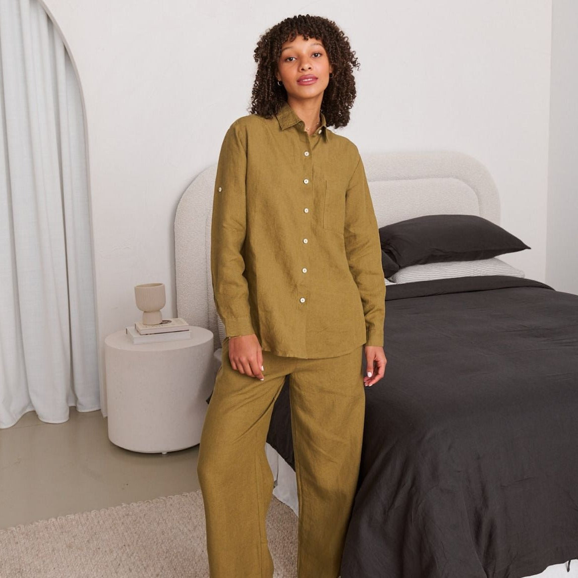 Olive Long Linen Pyjama Set