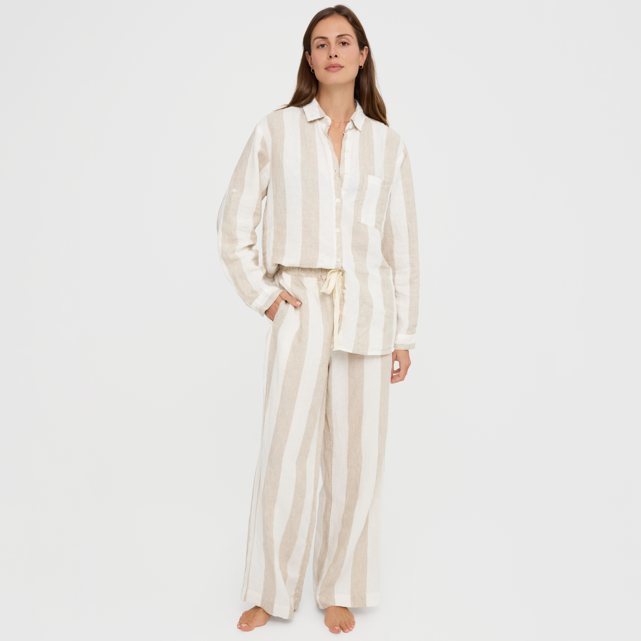 Long Linen Pyjama Set Milk And Honey Wide Striped – Linen Social