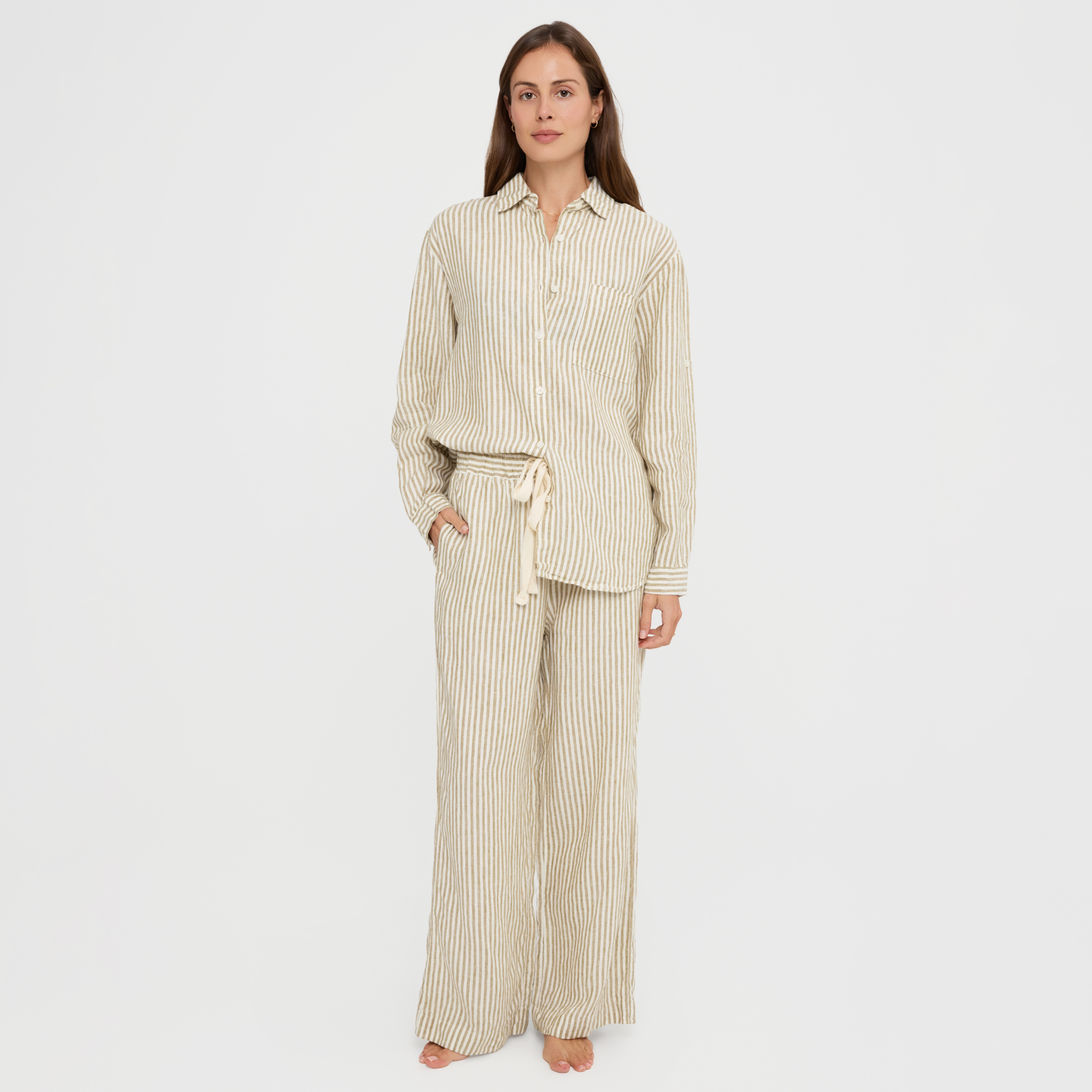 Women’s long linen pyjama set with button-up shirt and full-length pants