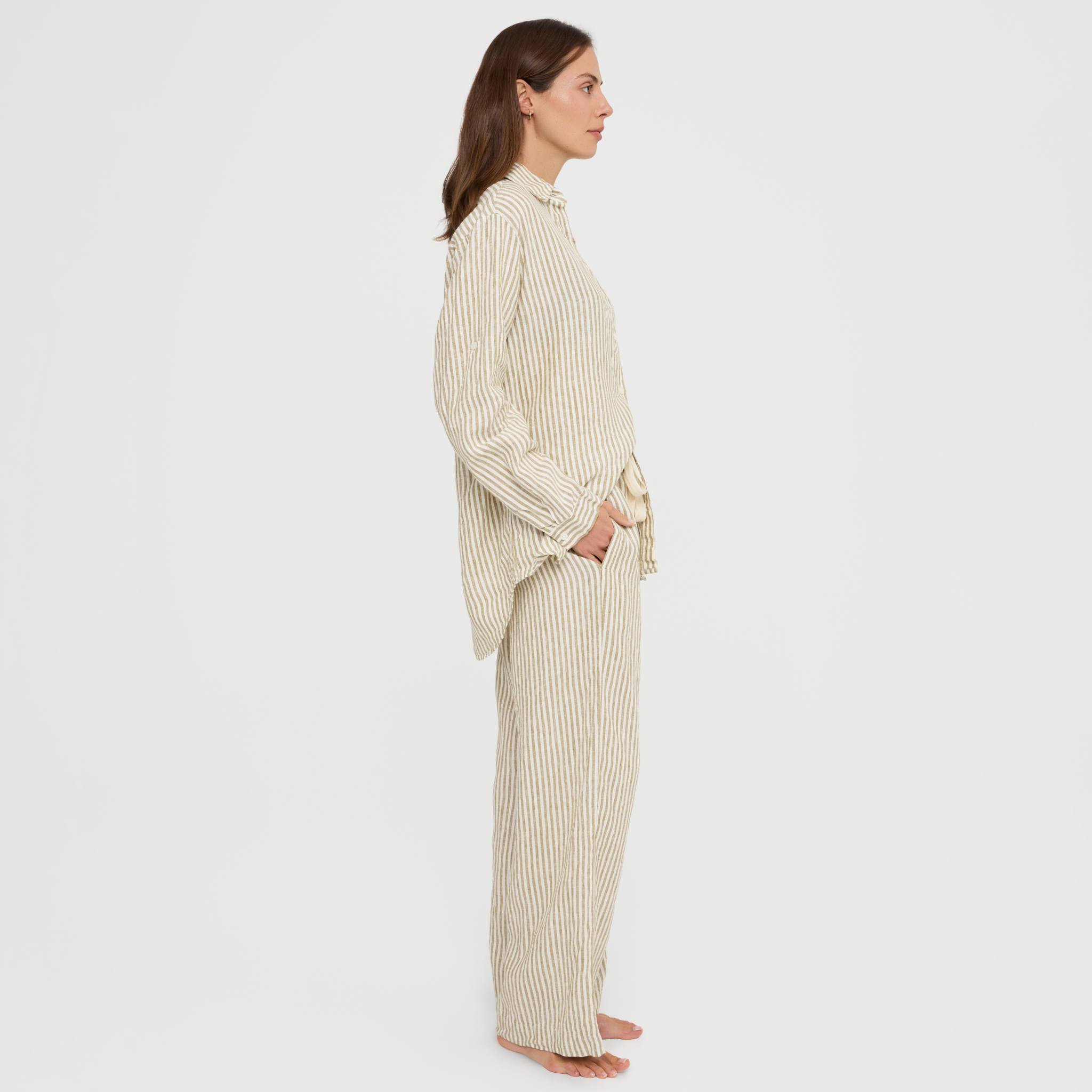 Two-piece linen sleepwear set with long sleeves and elastic waist pants