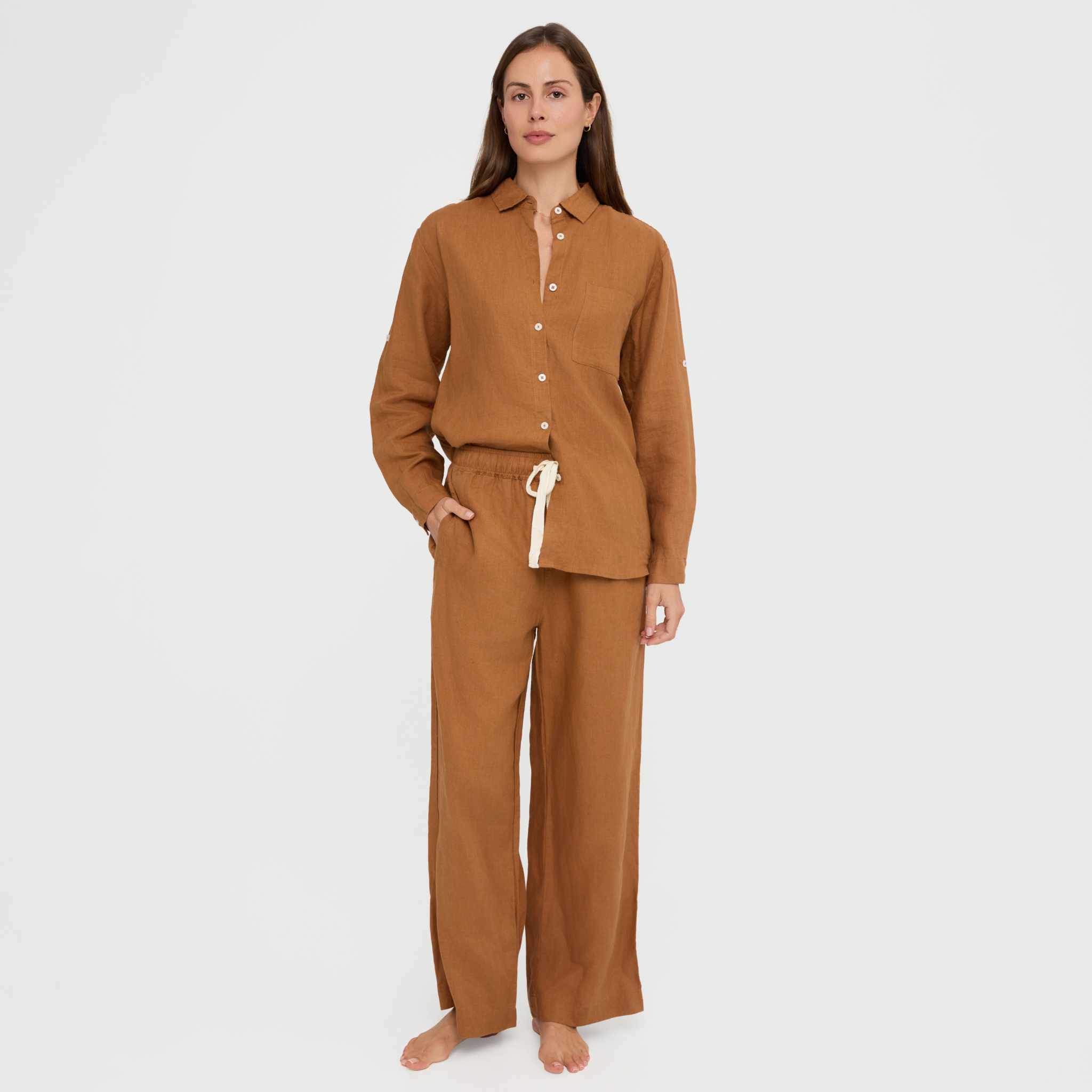 Women’s long linen pyjama set with button-up shirt and full-length pants