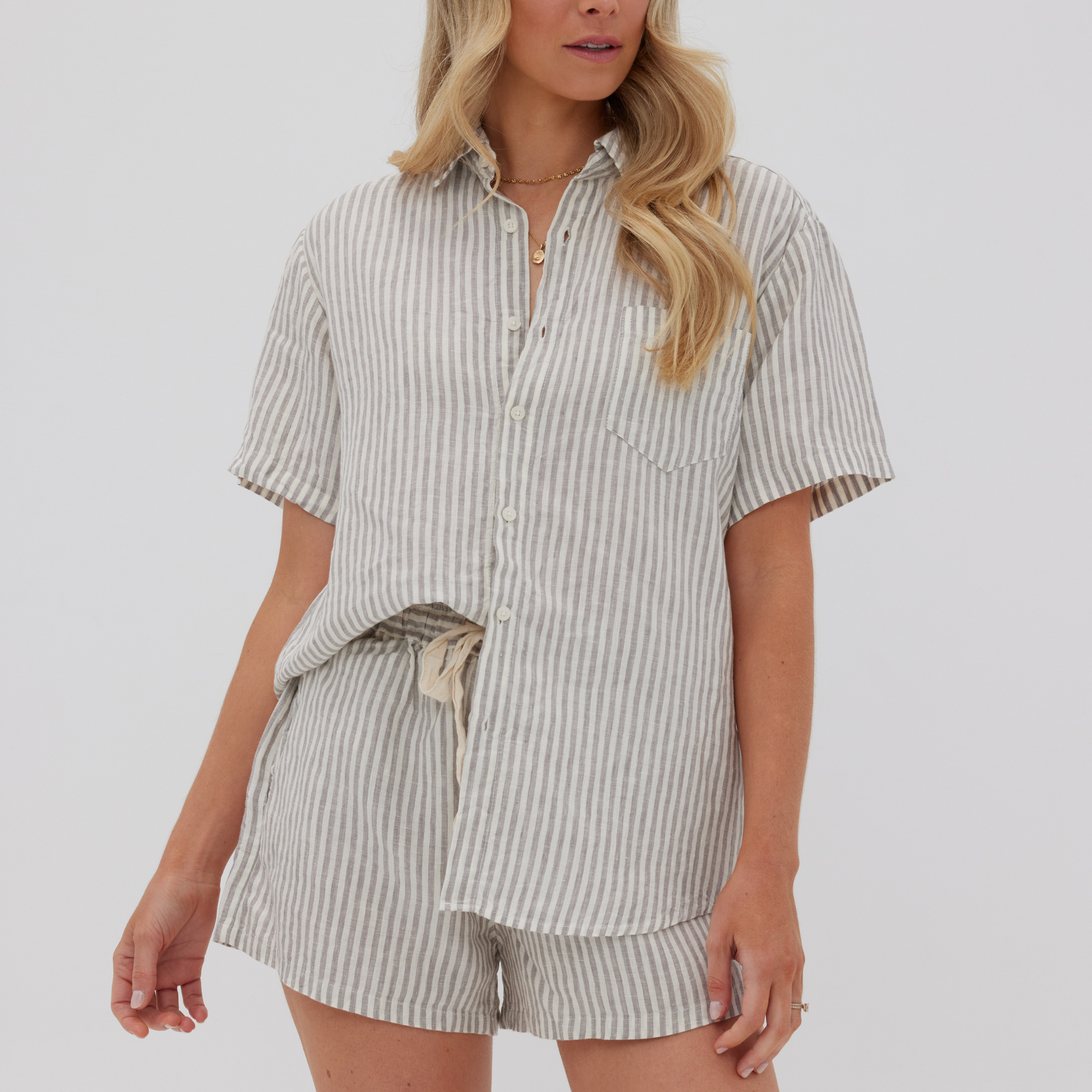 Grey Striped Linen PJ Set