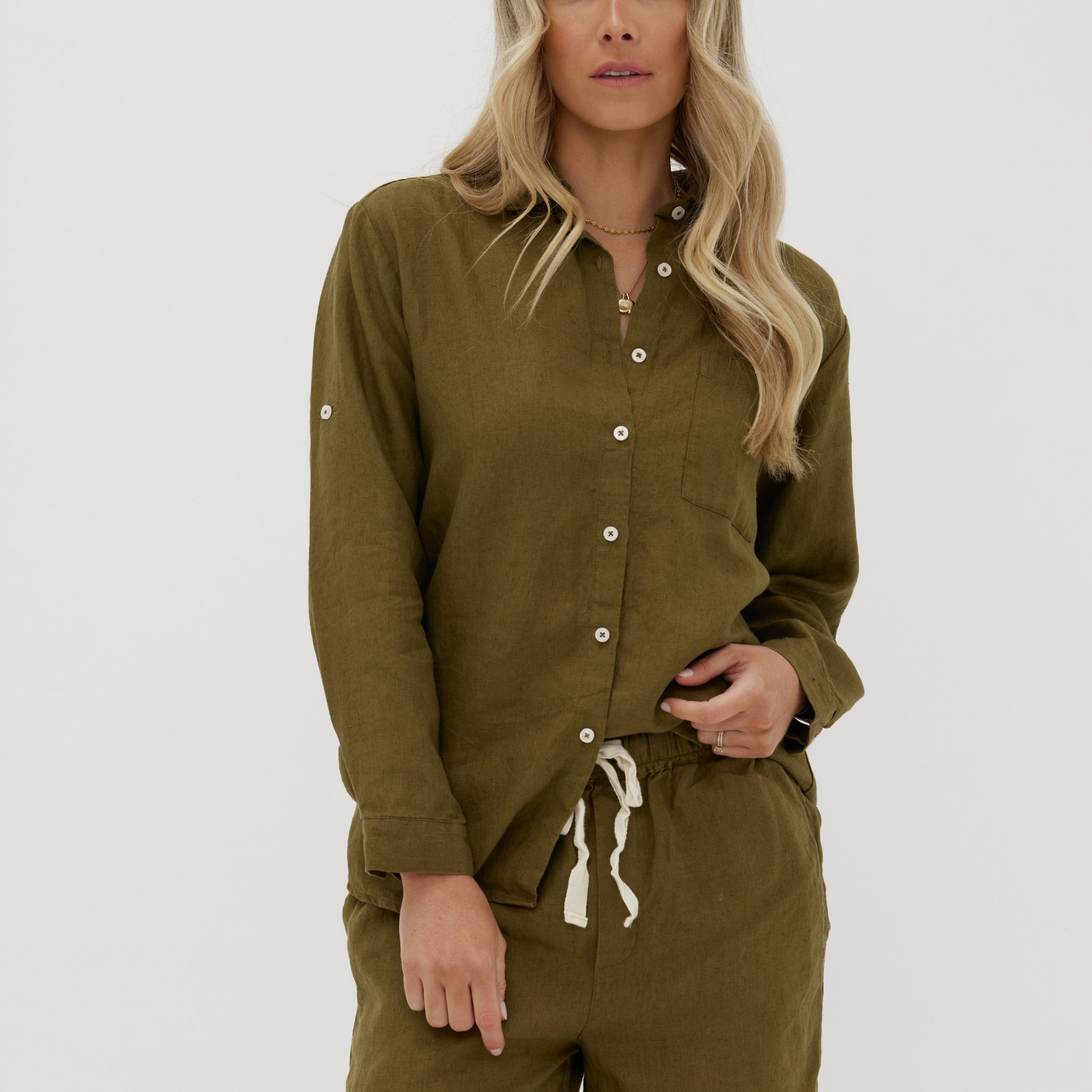 Olive Linen Button Up Shirt Womens