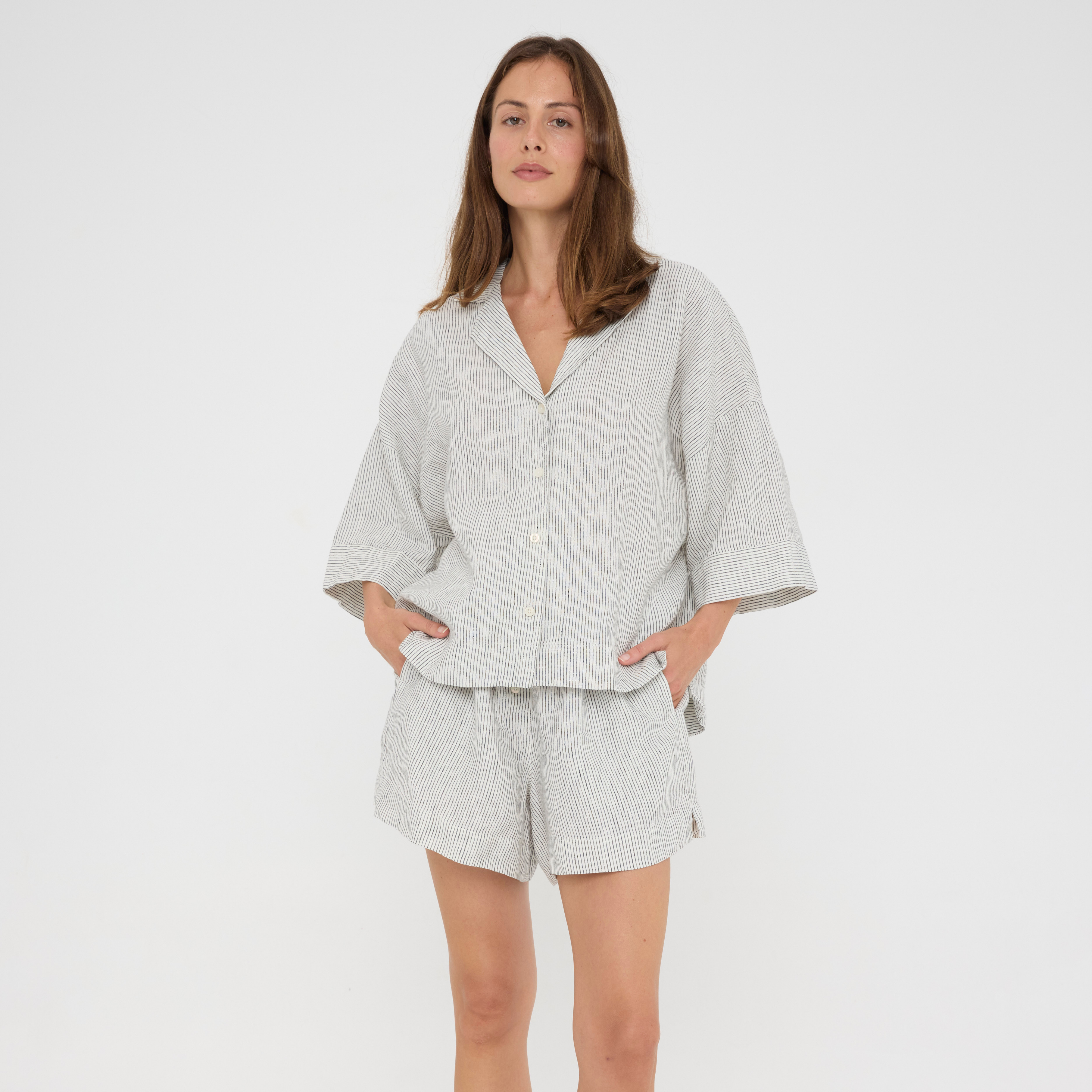 Ash Pinstriped Relaxed Linen Loungewear Set