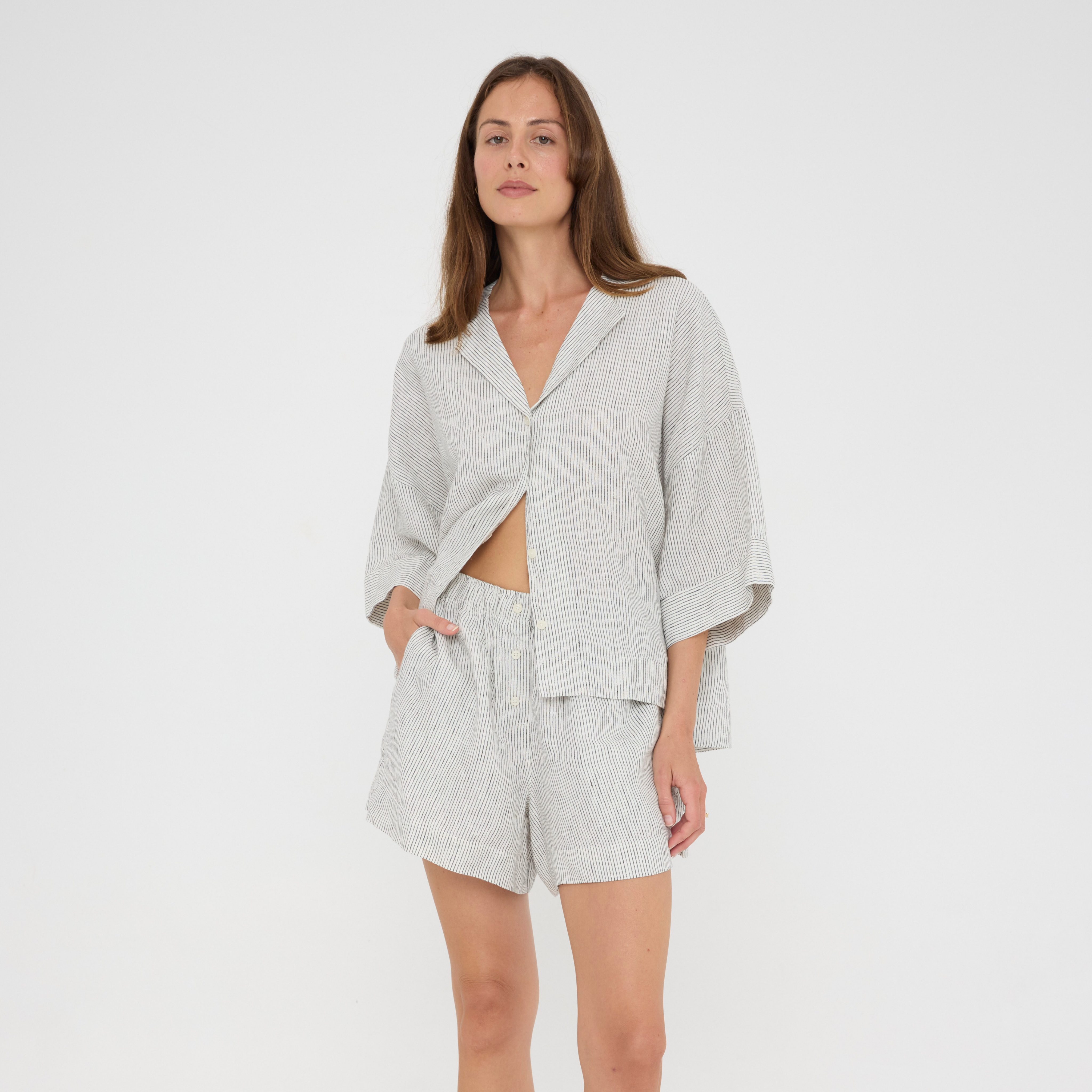 Ash Pinstriped Relaxed Linen Loungewear Set