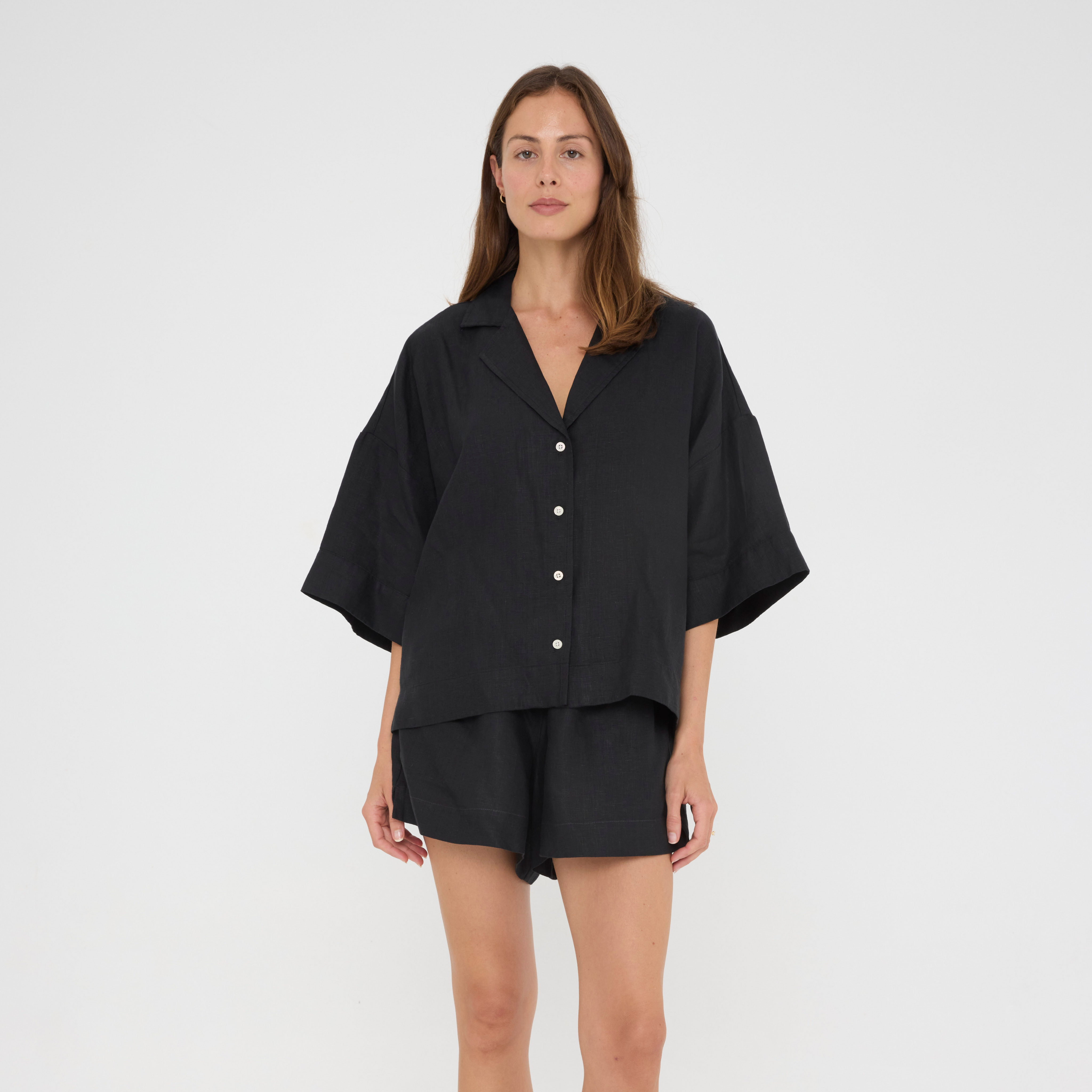 Black Relaxed Linen Loungewear Set