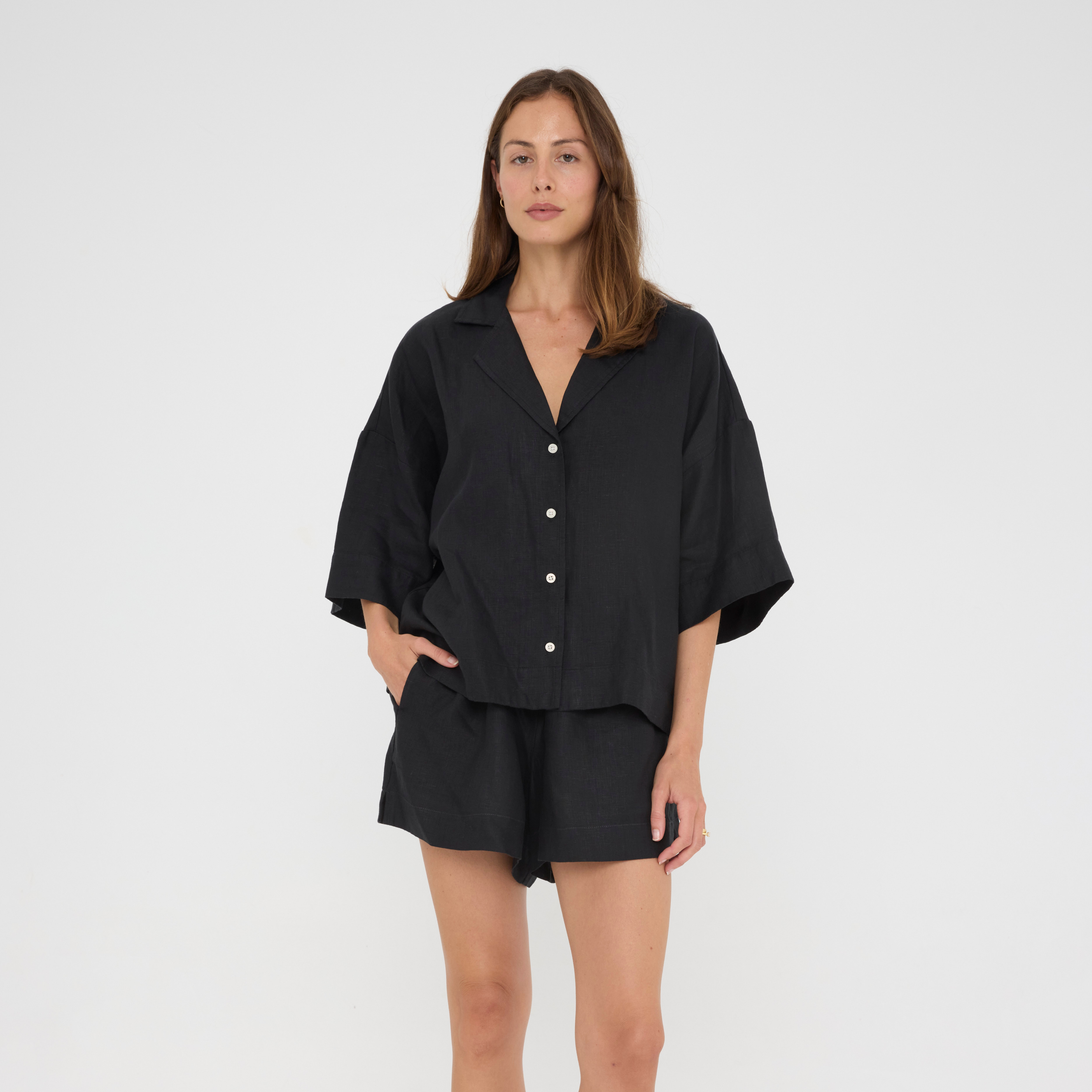 Black Relaxed Linen Loungewear Set