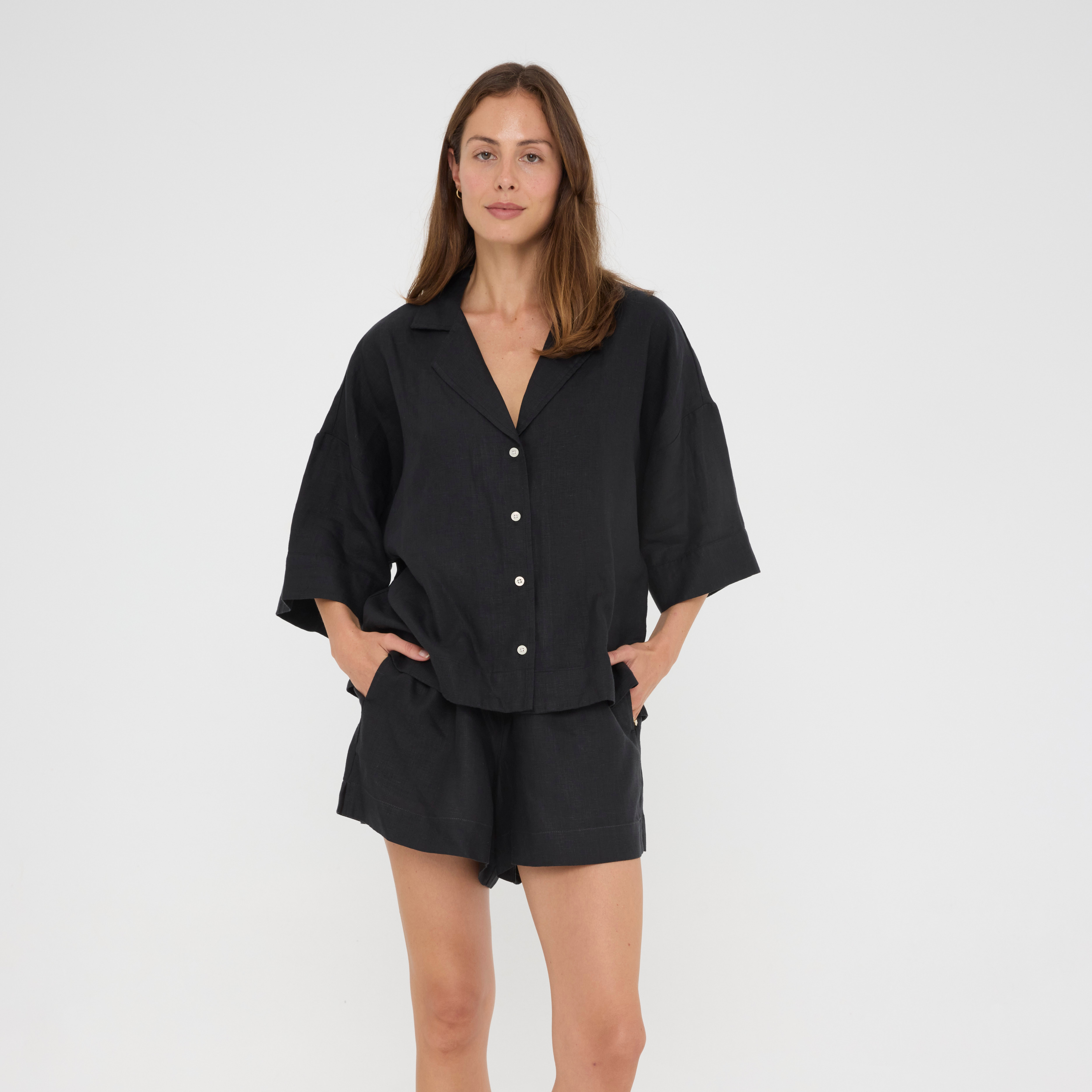 Black Relaxed Linen Loungewear Set