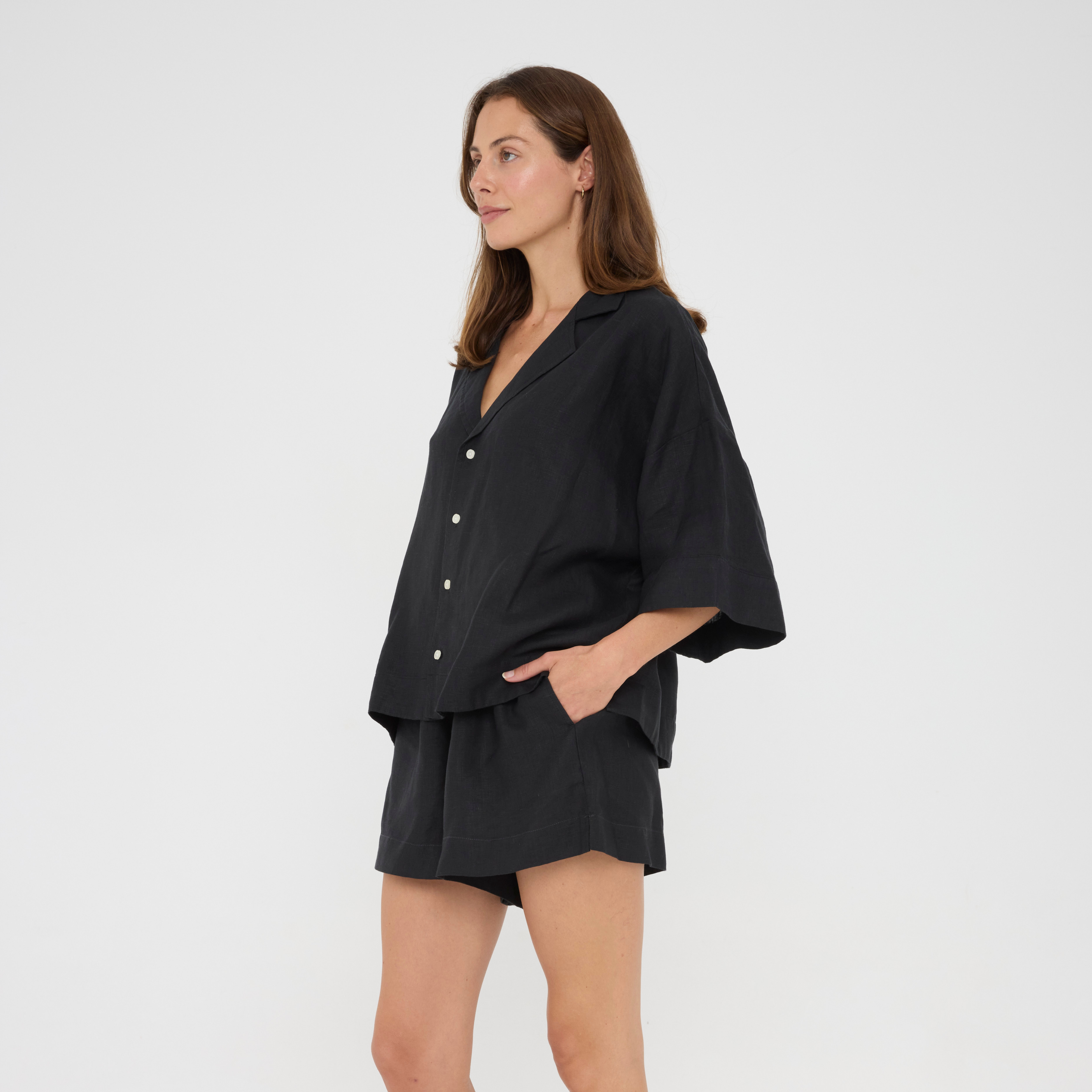 Black Relaxed Linen Loungewear Set
