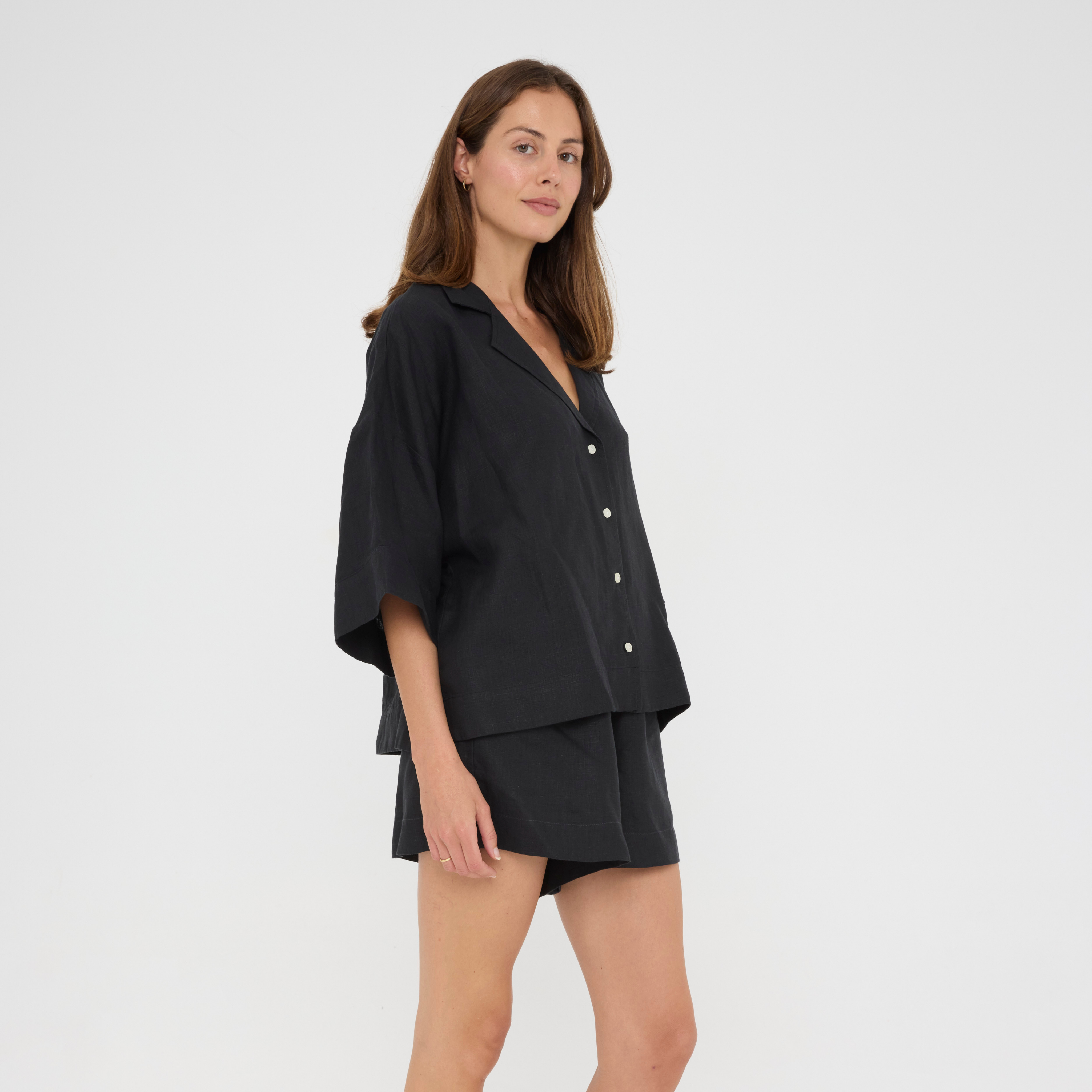 Black Relaxed Linen Loungewear Set