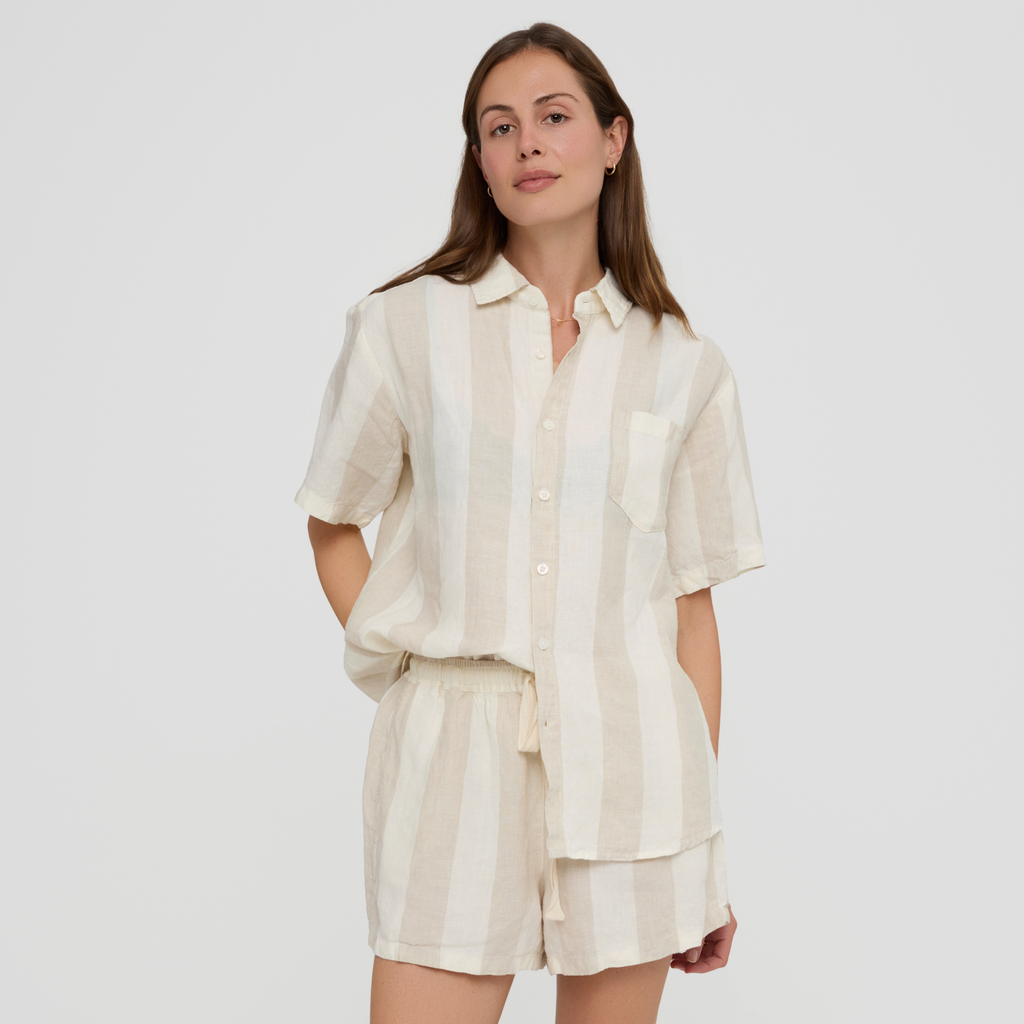 Short sleeve linen sleep shirt featuring chest pocket and relaxed fit
