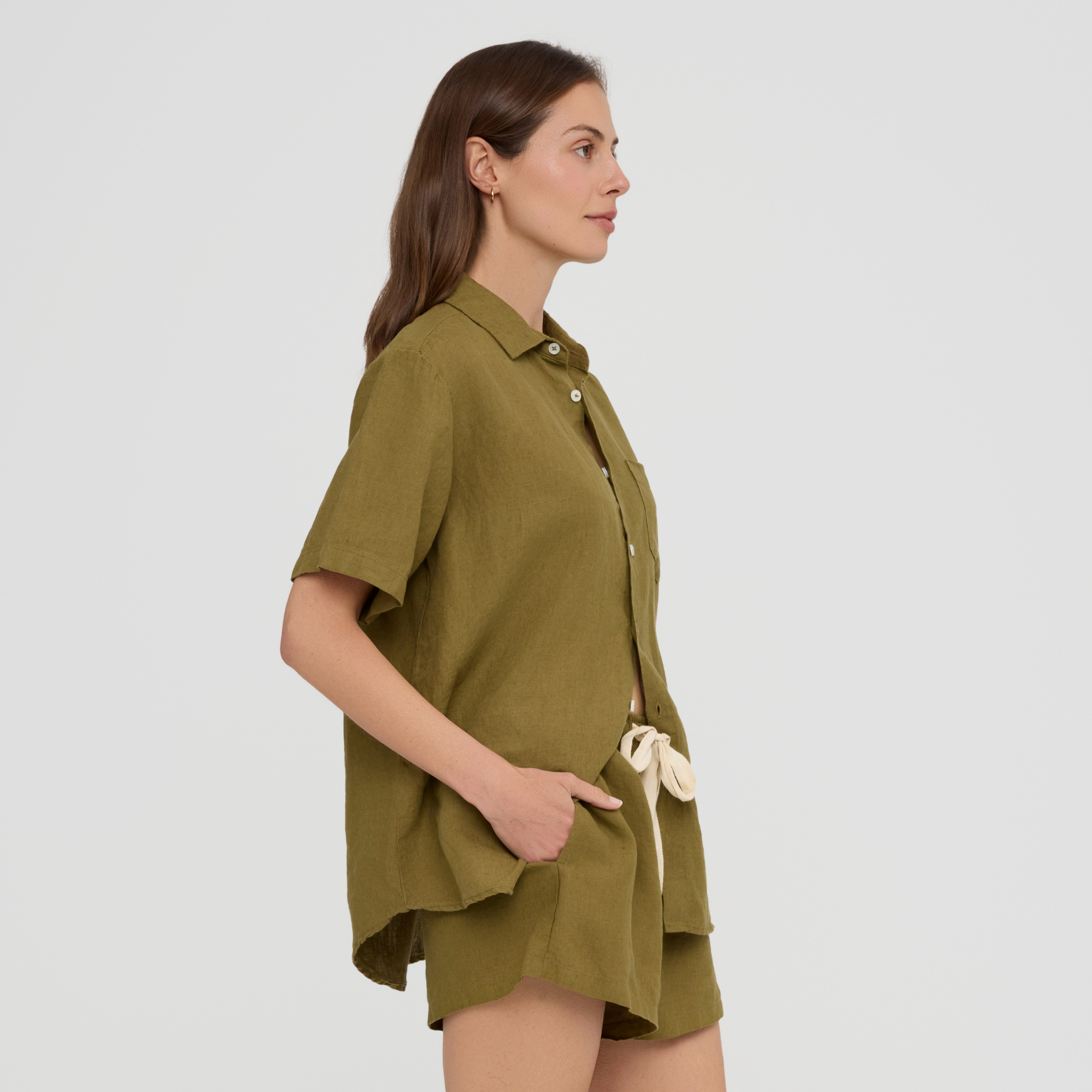 Linen pyjama top with short sleeves and front button closure
