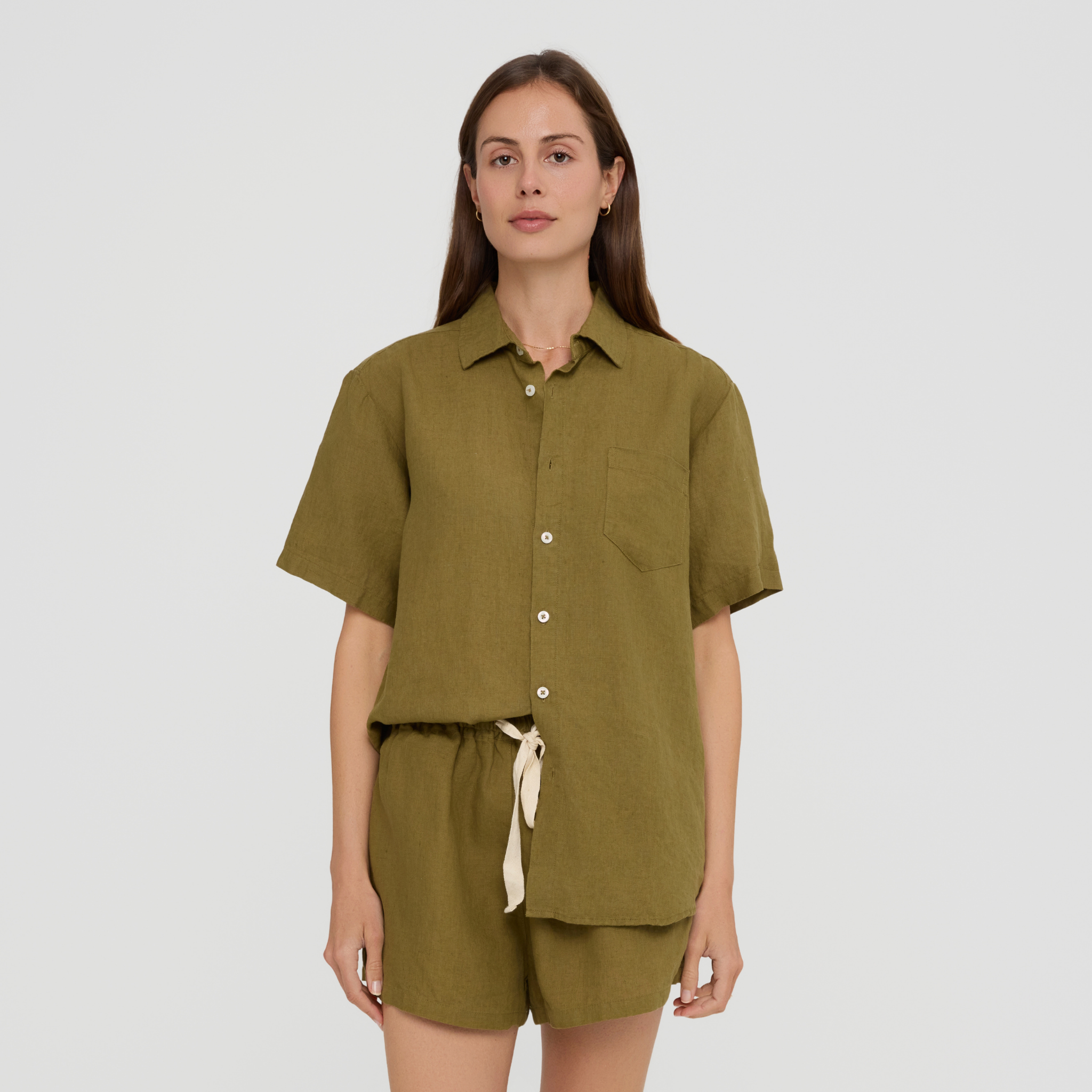 Soft linen short sleeve pyjama shirt with pocket detail