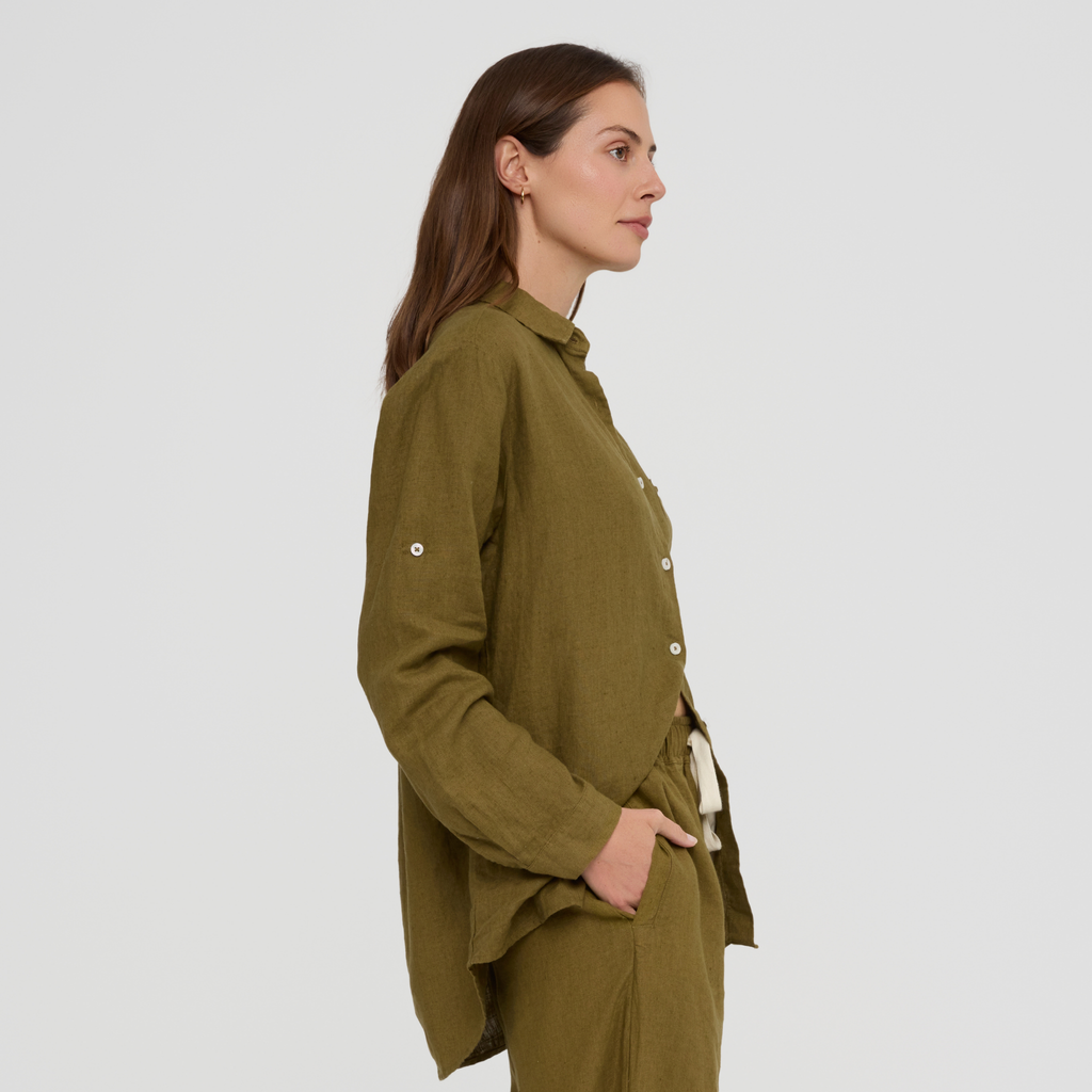 Linen sleepwear top with long sleeves and single chest pocket