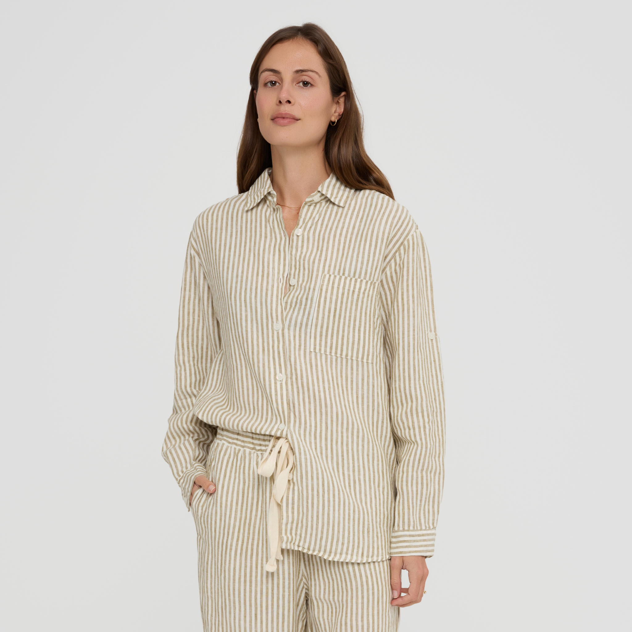 Long sleeve linen sleep shirt with buttons and pocket detail