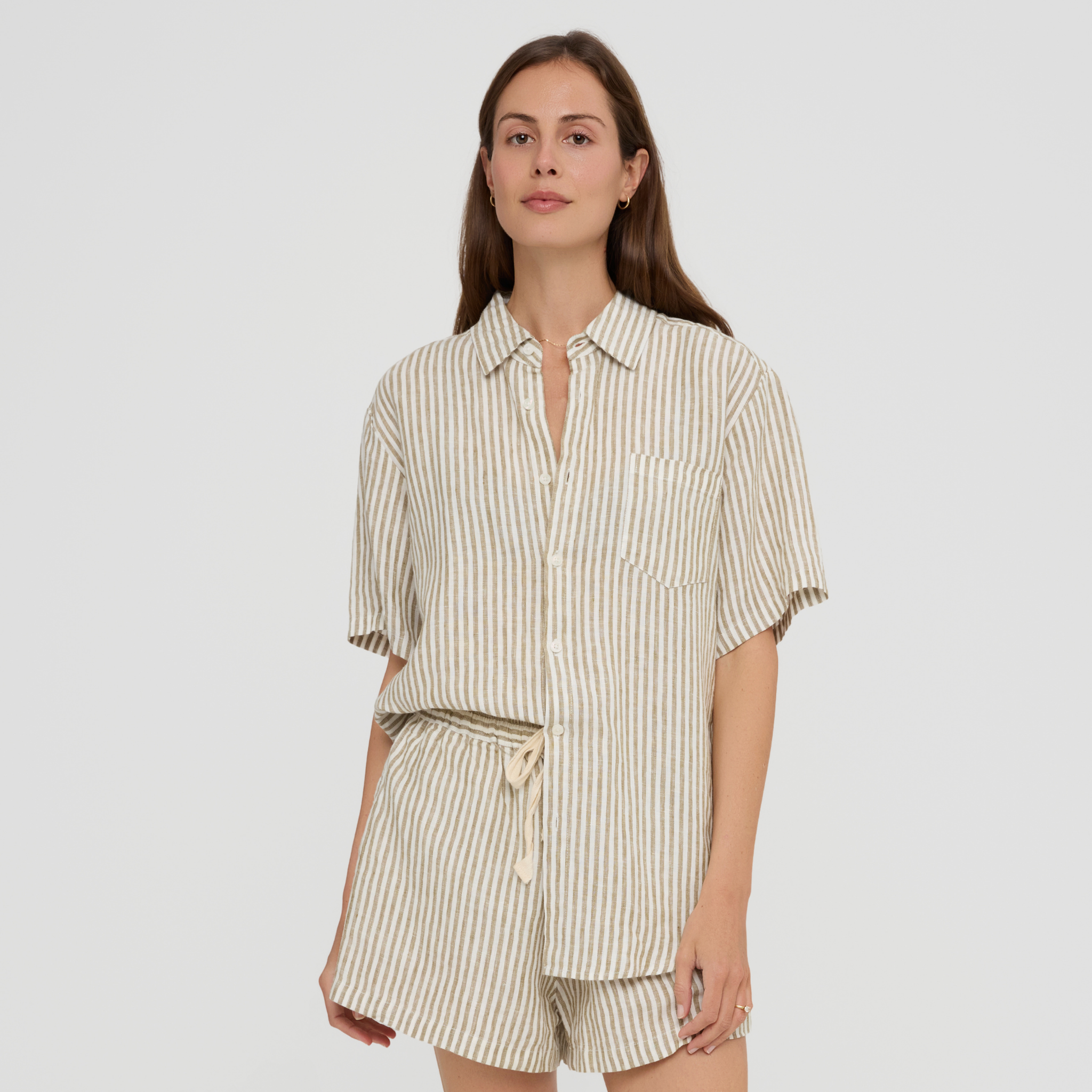 Olive Striped Linen Pyjama Set