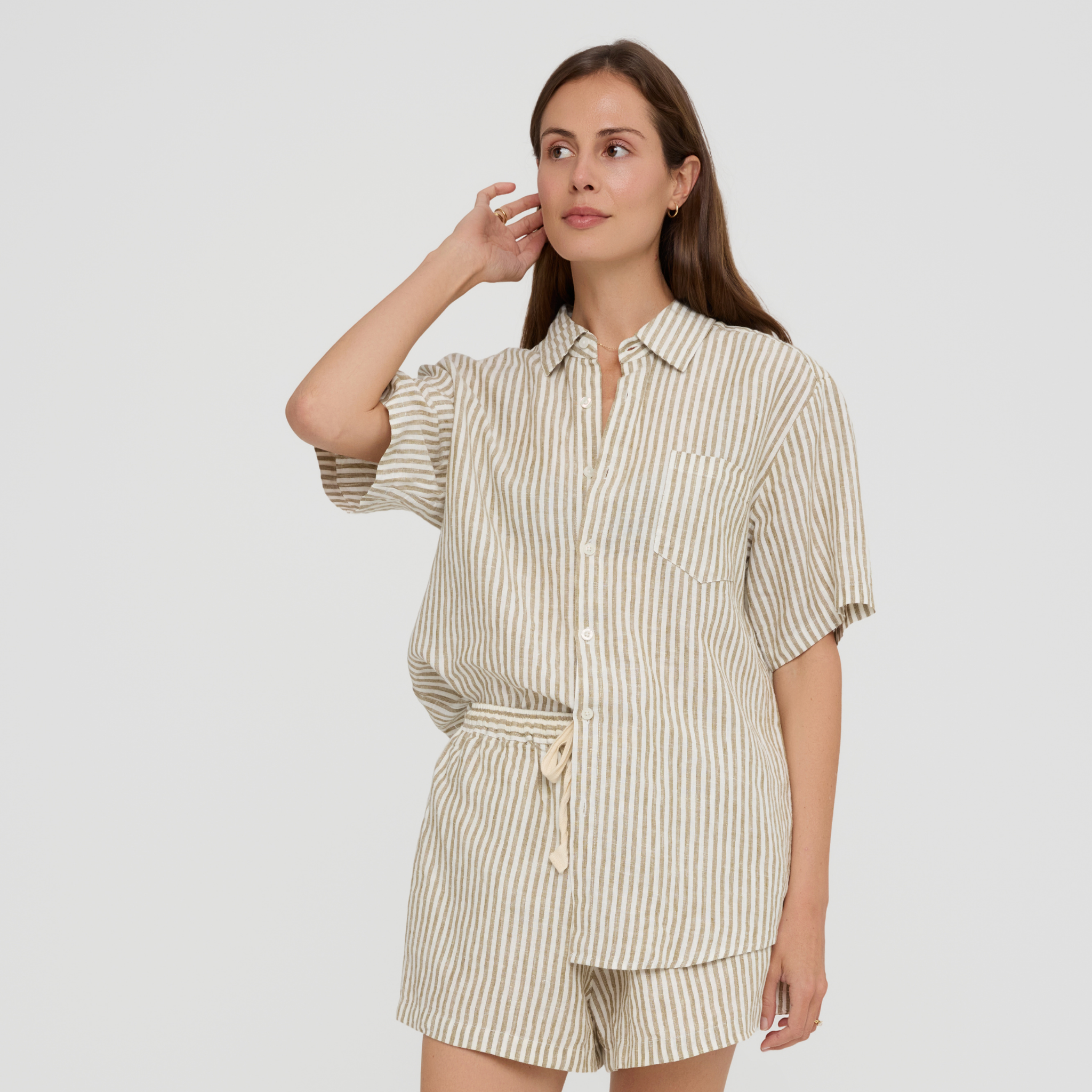 Olive Striped Linen Pyjama Set