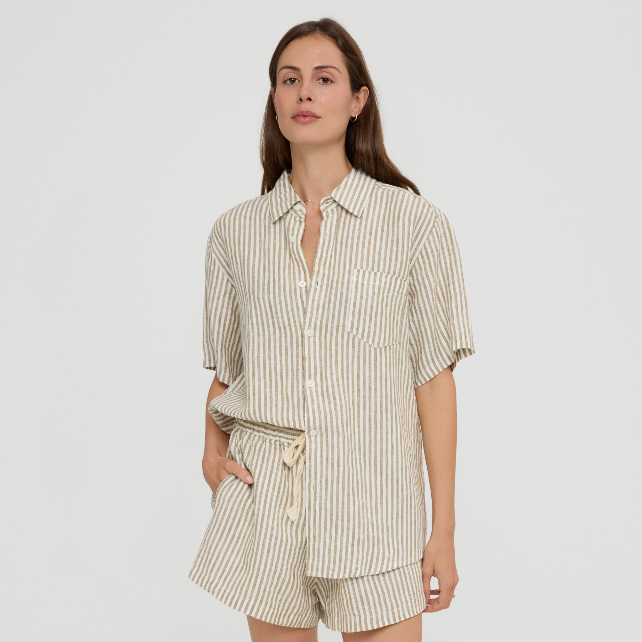 Short sleeve linen sleep shirt featuring chest pocket and relaxed fit