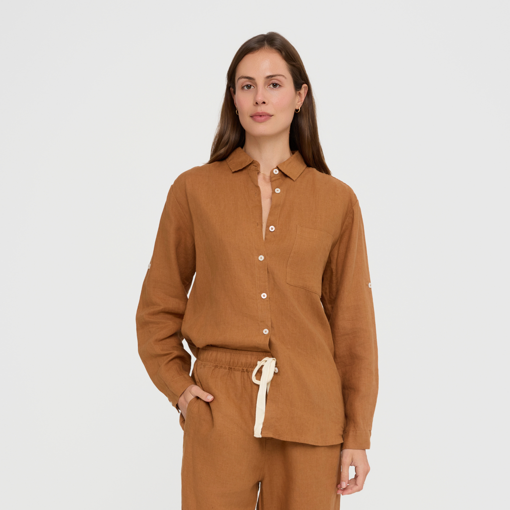 Long sleeve linen sleep shirt with buttons and pocket detail