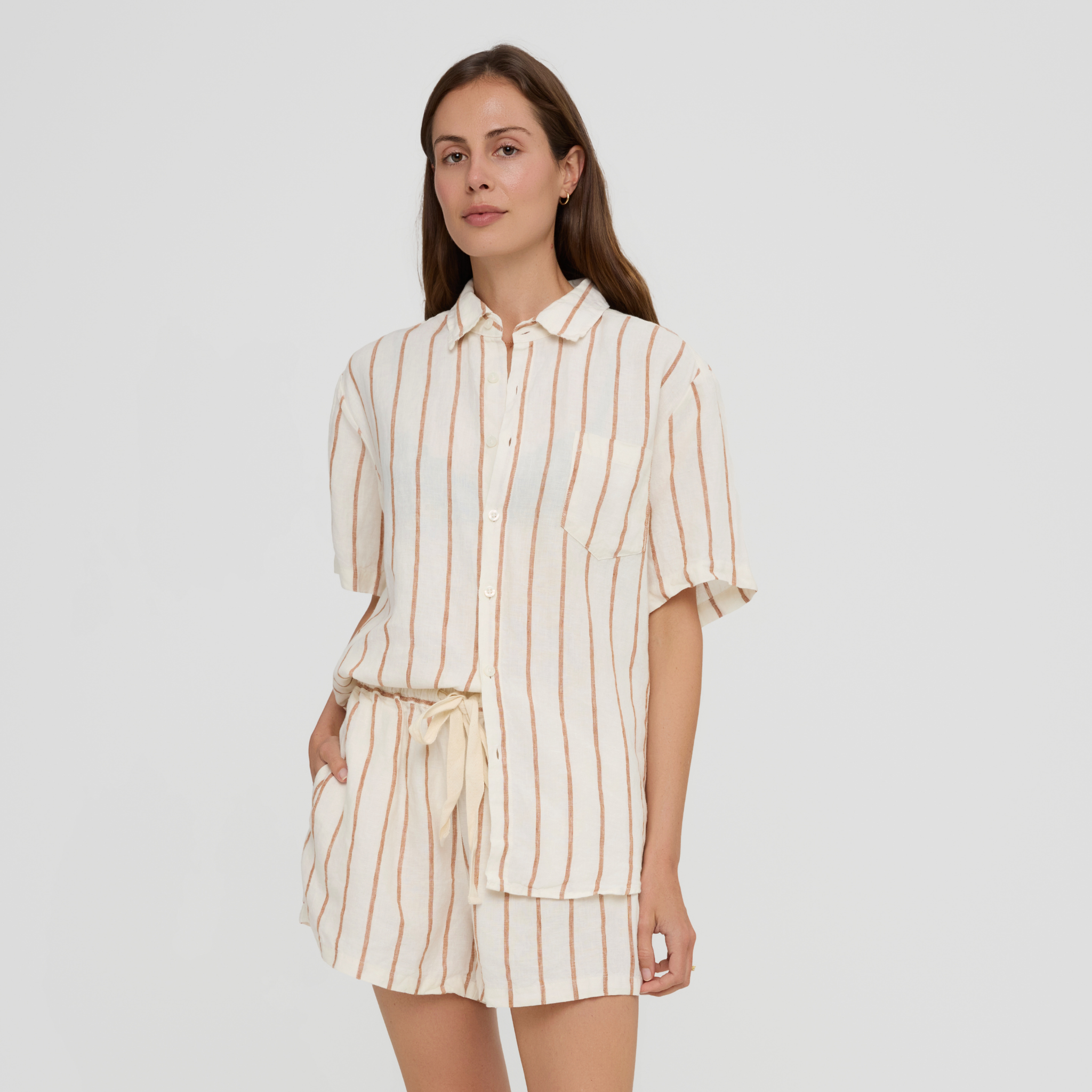 Natural linen short sleeve nightshirt with single chest pocket