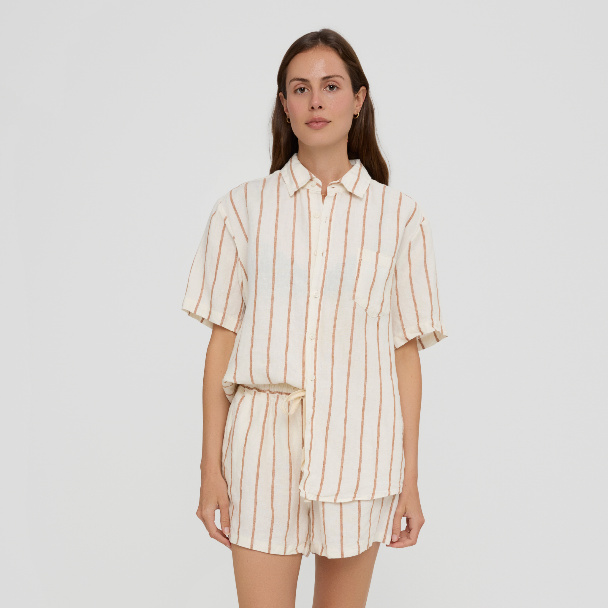 Relaxed fit linen short sleeve shirt for lounging and sleep