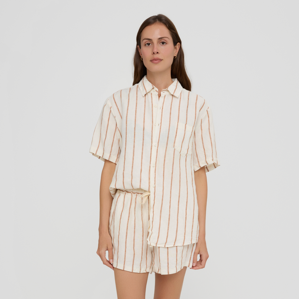 Relaxed fit linen short sleeve shirt for lounging and sleep
