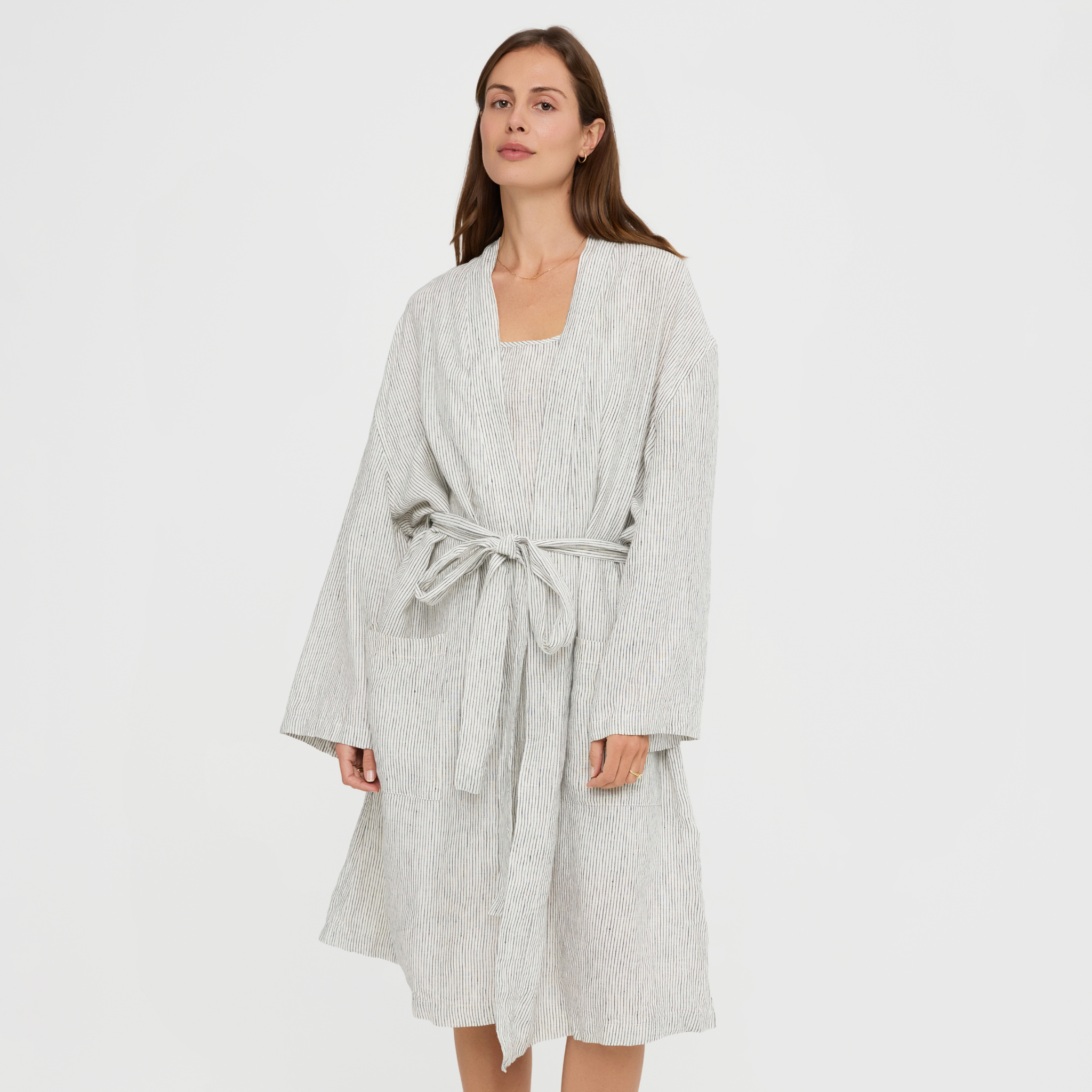 Natural linen bathrobe with pockets and wrap-style front