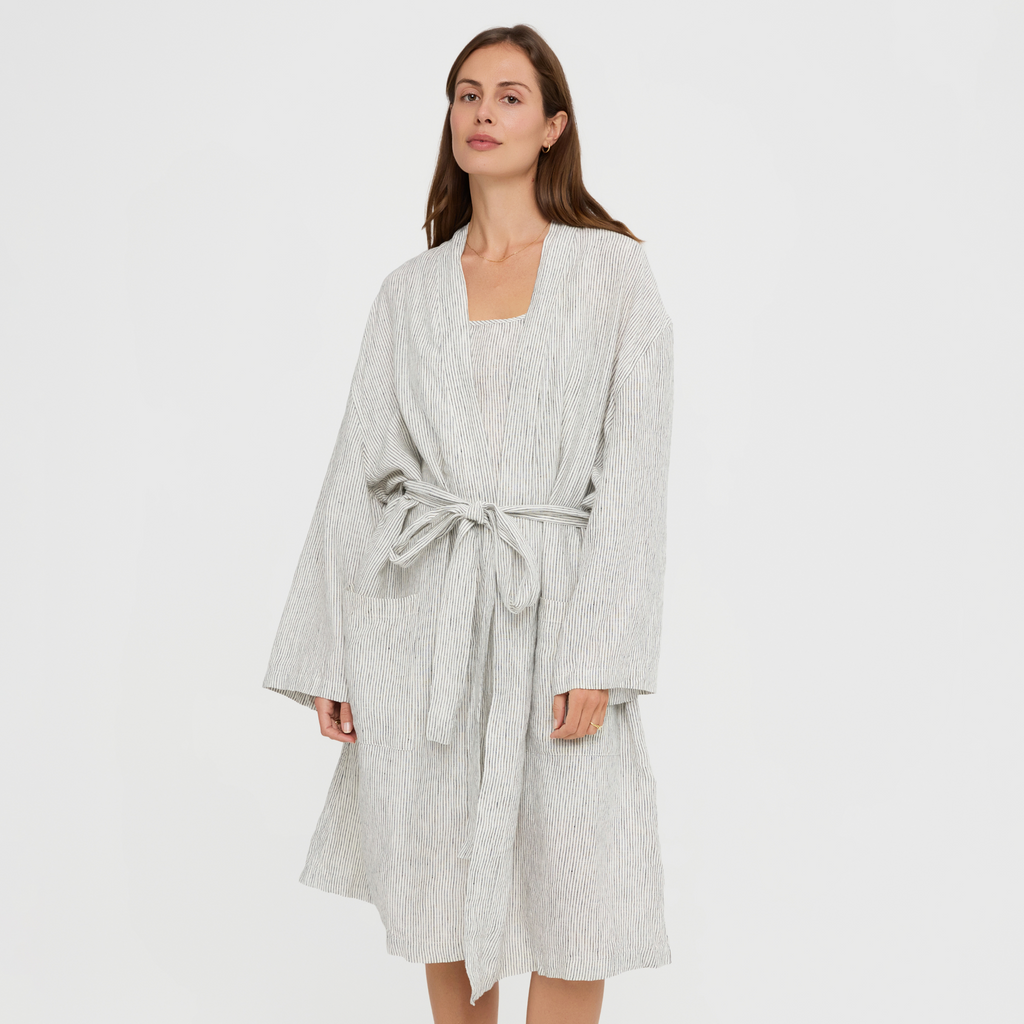 Natural linen bathrobe with pockets and wrap-style front