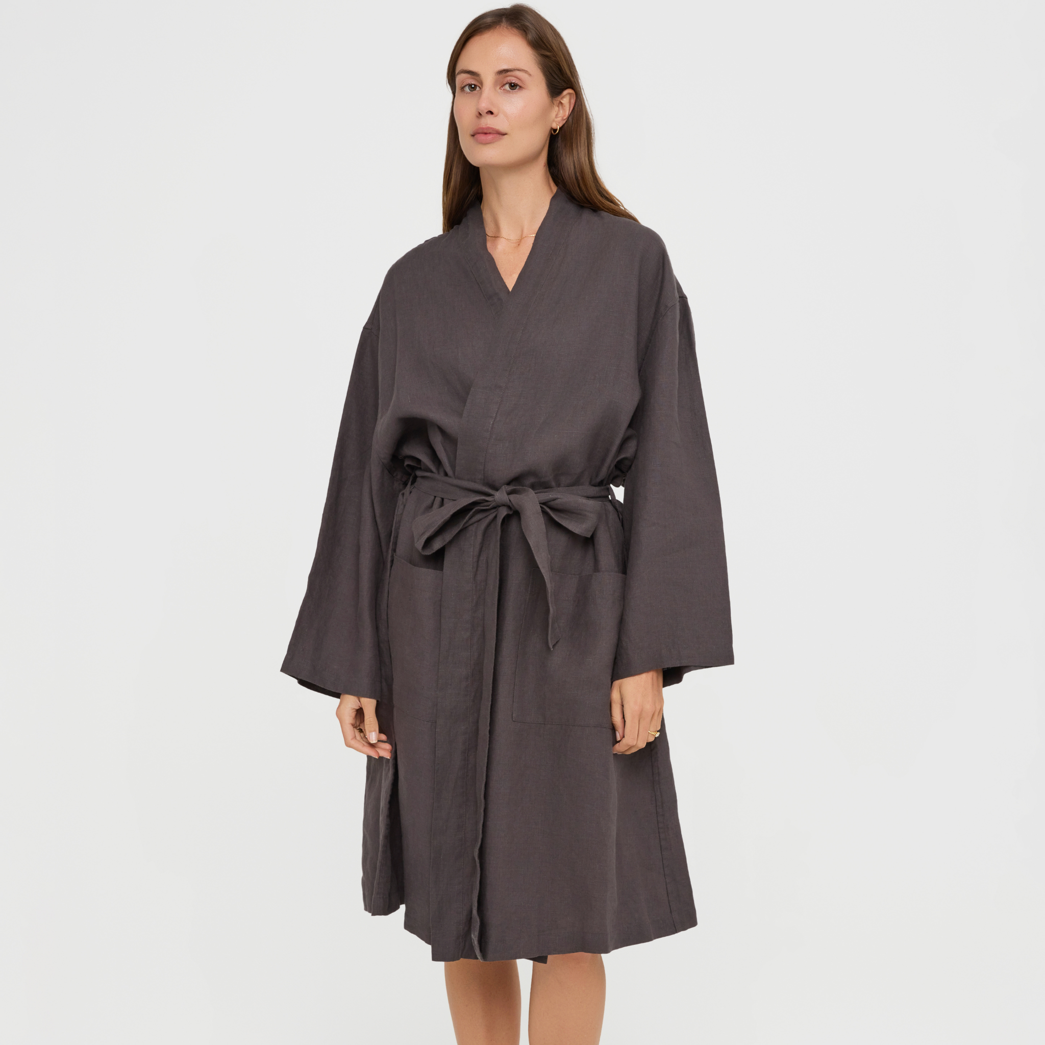 Lightweight linen robe with deep pockets and belt closure