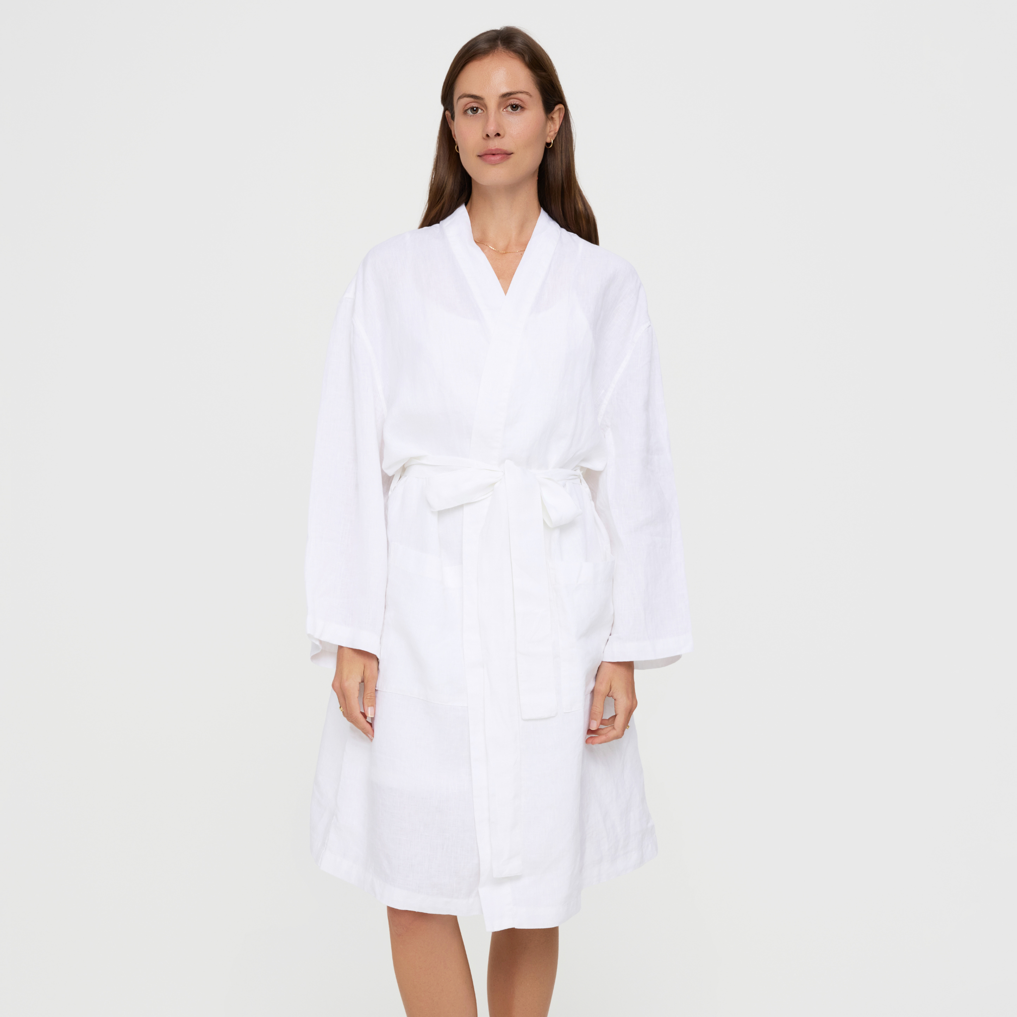 White Breathable linen robe with long sleeves and adjustable belt