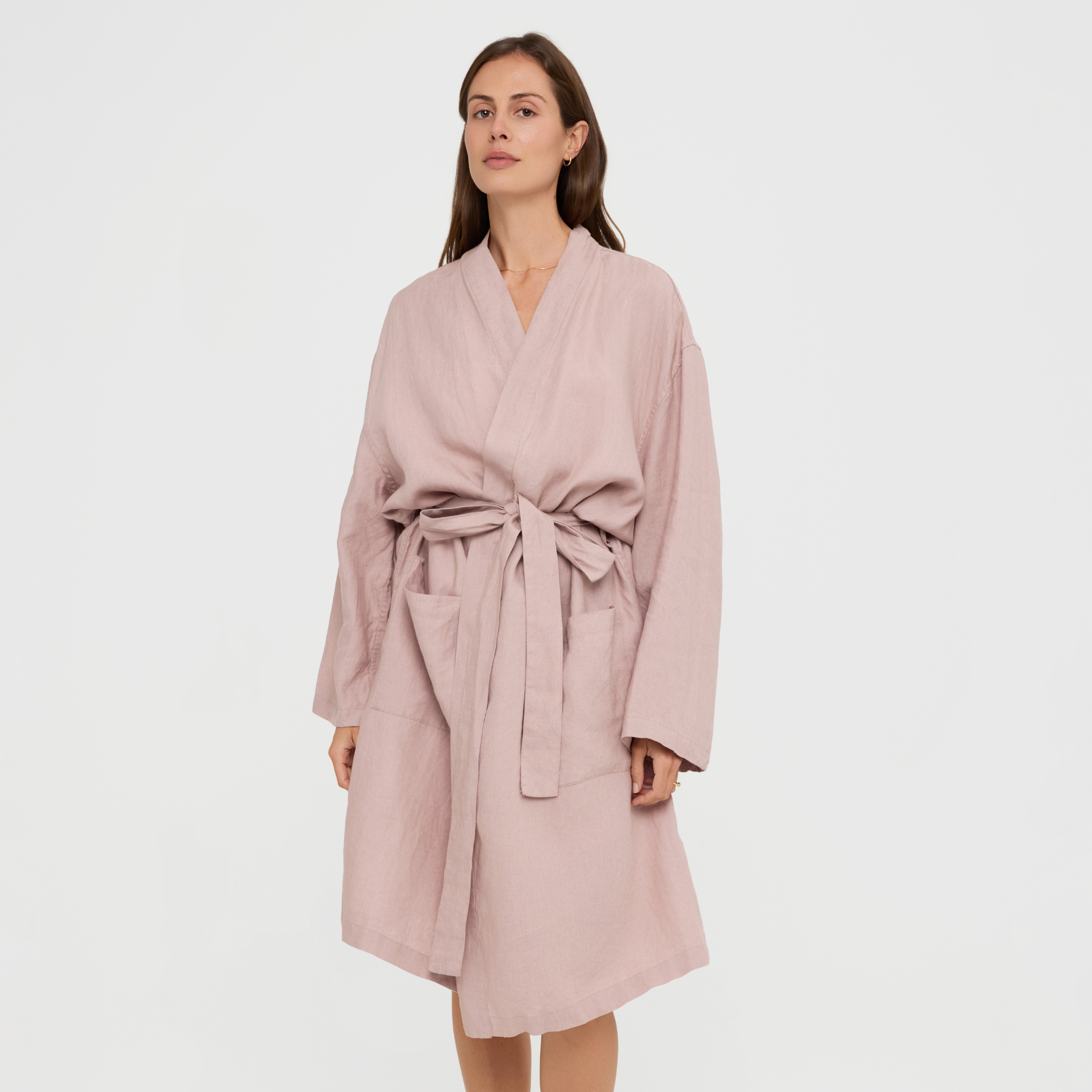 Linen kimono-style robe with tie waist and wide sleeves