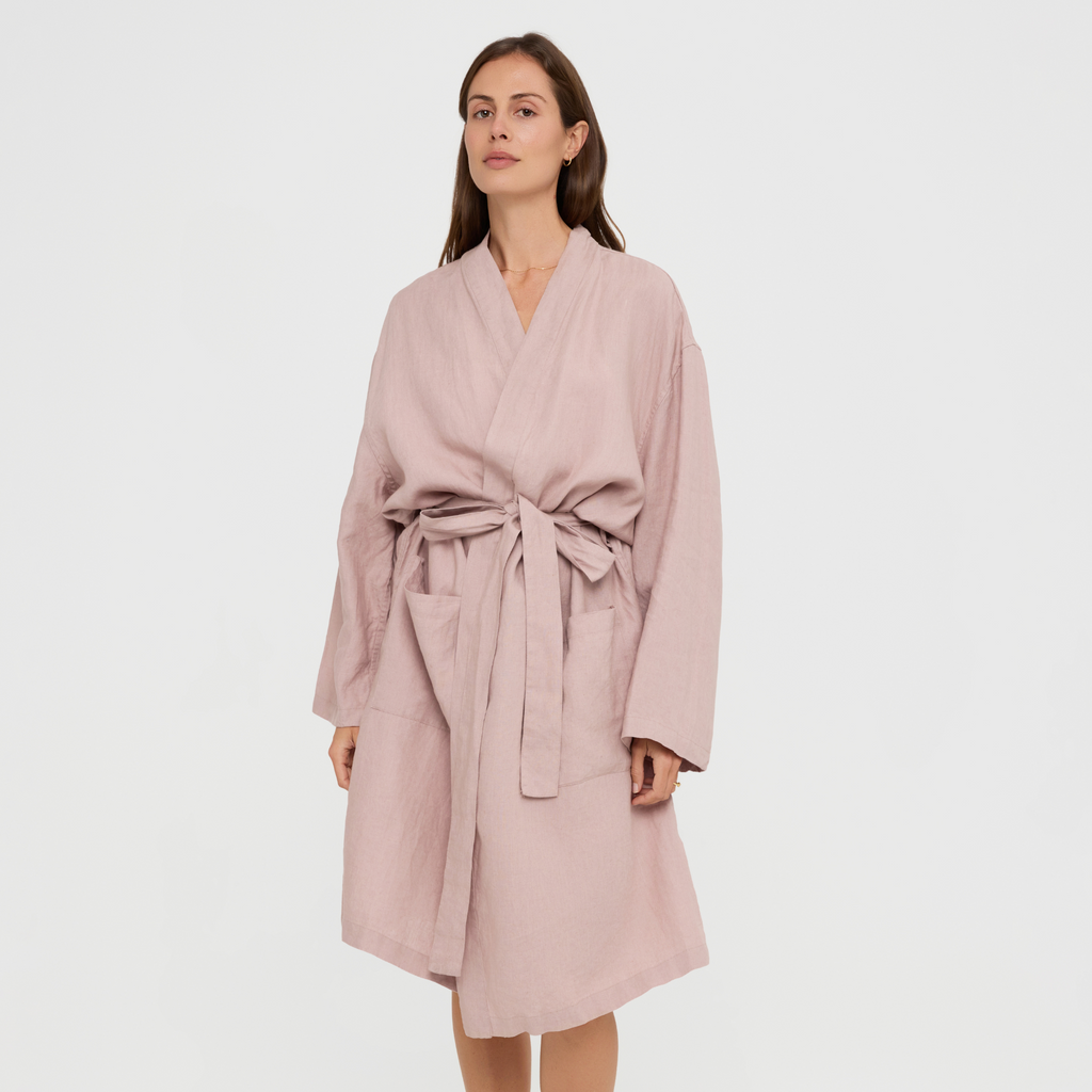 Linen kimono-style robe with tie waist and wide sleeves
