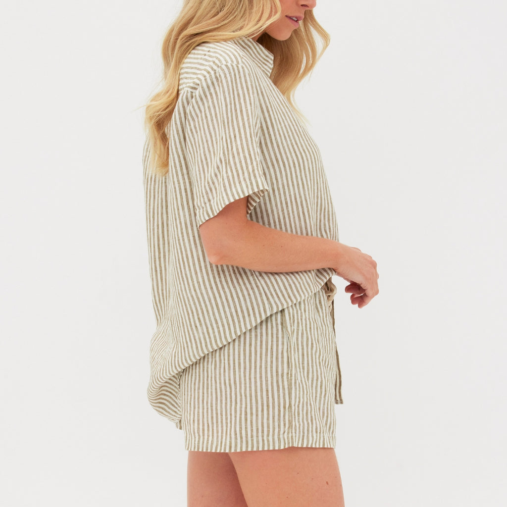 Olive Striped Linen Pyjama Short