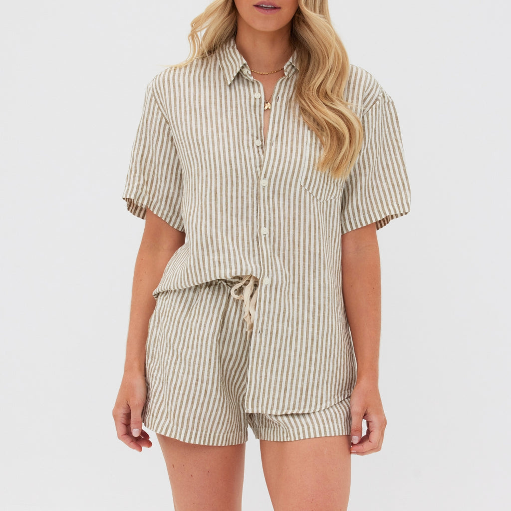 Olive Striped Linen Pyjama Short