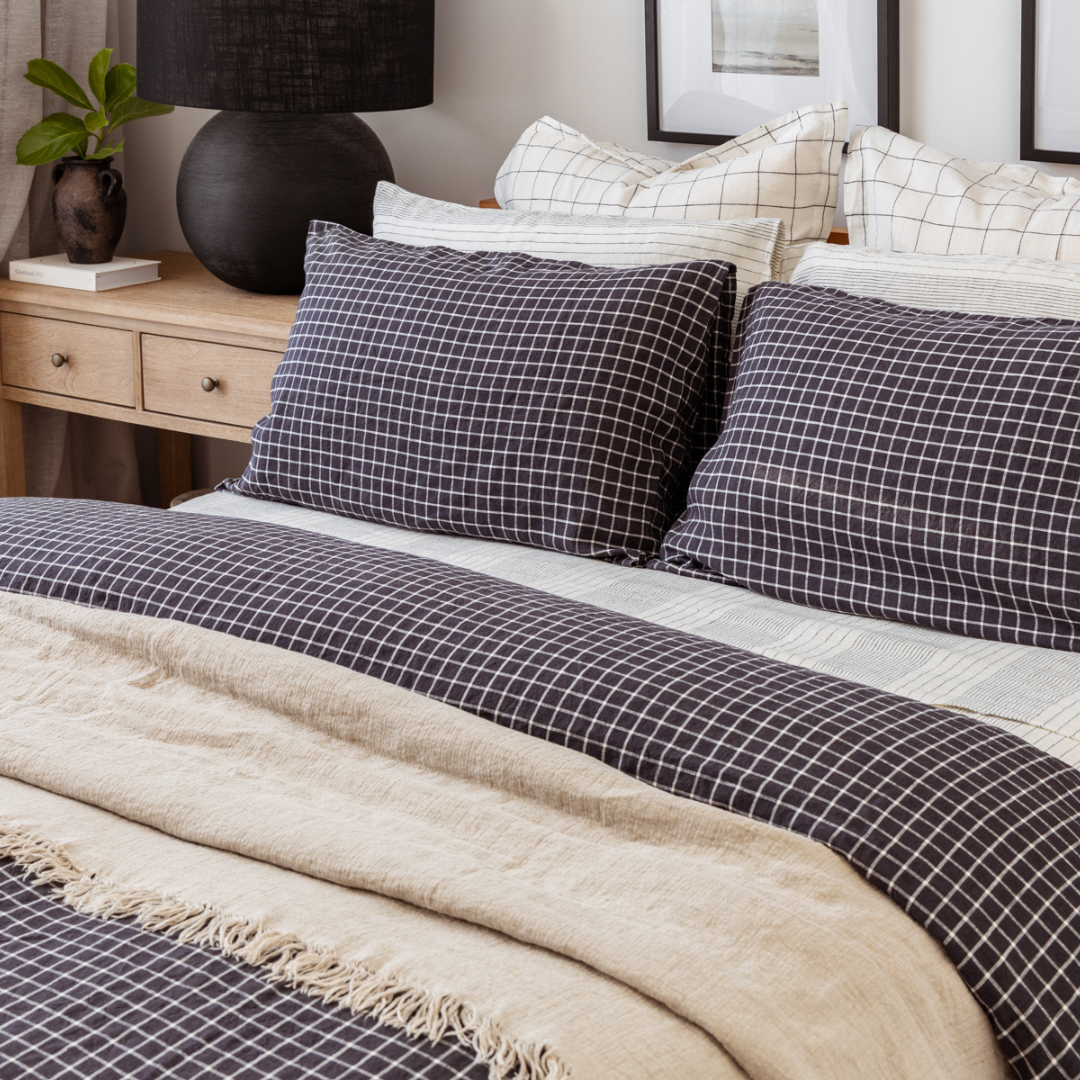 Dark Navy Check Linen Duvet Set