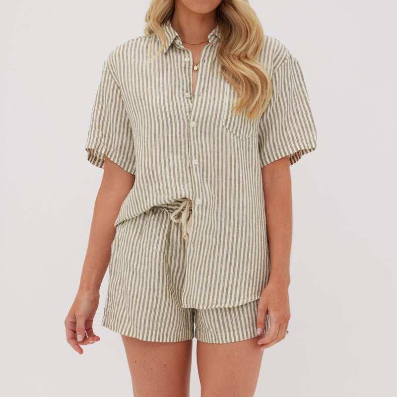 Olive Striped Linen Pyjama Set