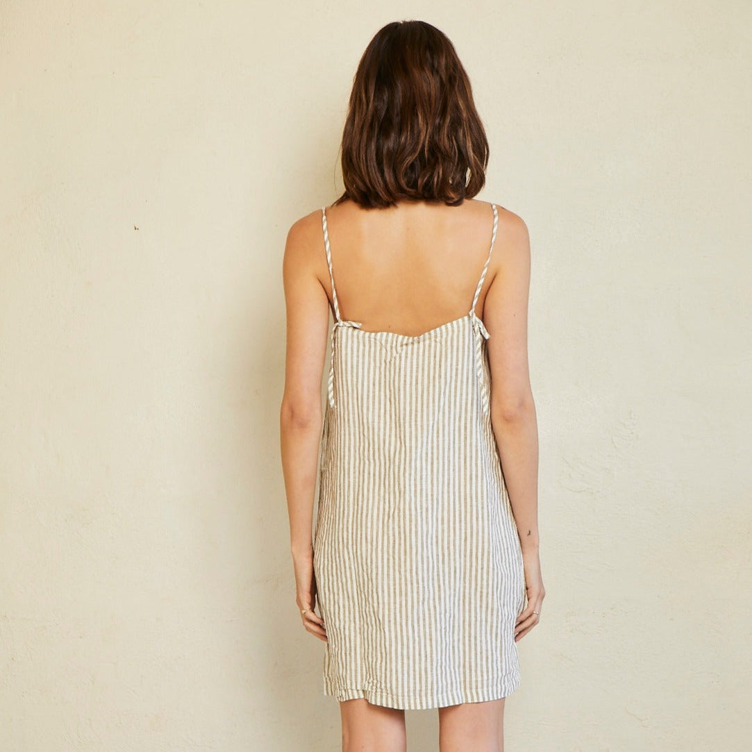 Linen Social - Olive Striped Linen Slip Dress
